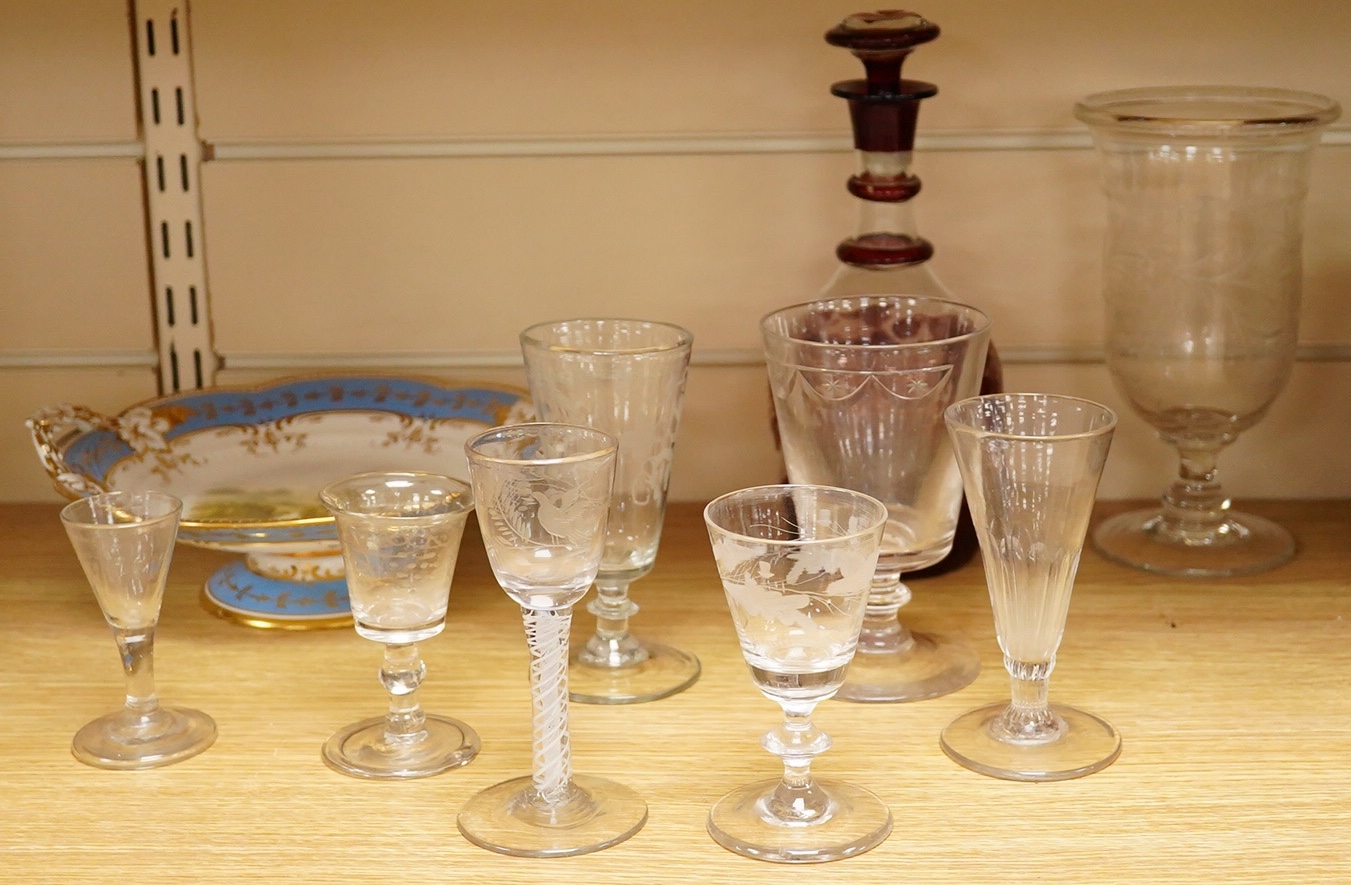 Assorted wine glasses, celery vase, overlaid decanter - 24cm high and a Victorian bone china comport.